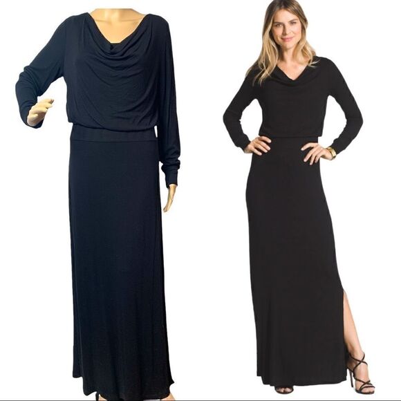 Black Maxi Dress Chicos Cowl Neck Side Slit Ribbed Blouson Size Small 8 10 NWT - Picture 1 of 11